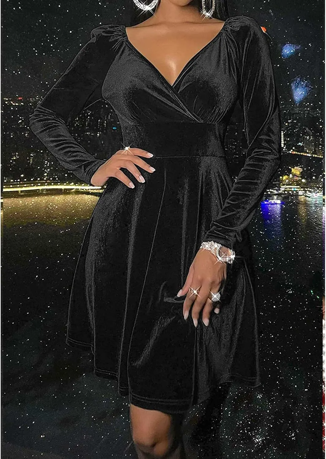 SOMTHRON Women's Sexy Velvet Mini Dress Wrap V Neck Long Sleeve Pleated A-Line Swing Cocktail Evening Party Dress