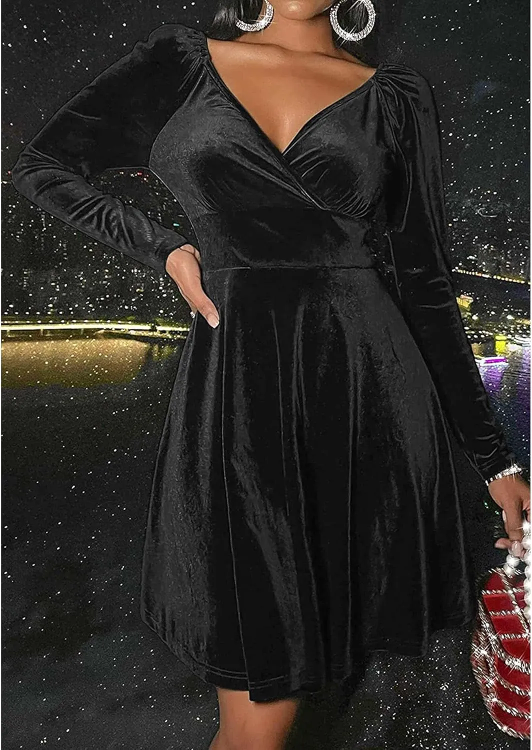 SOMTHRON Women's Sexy Velvet Mini Dress Wrap V Neck Long Sleeve Pleated A-Line Swing Cocktail Evening Party Dress