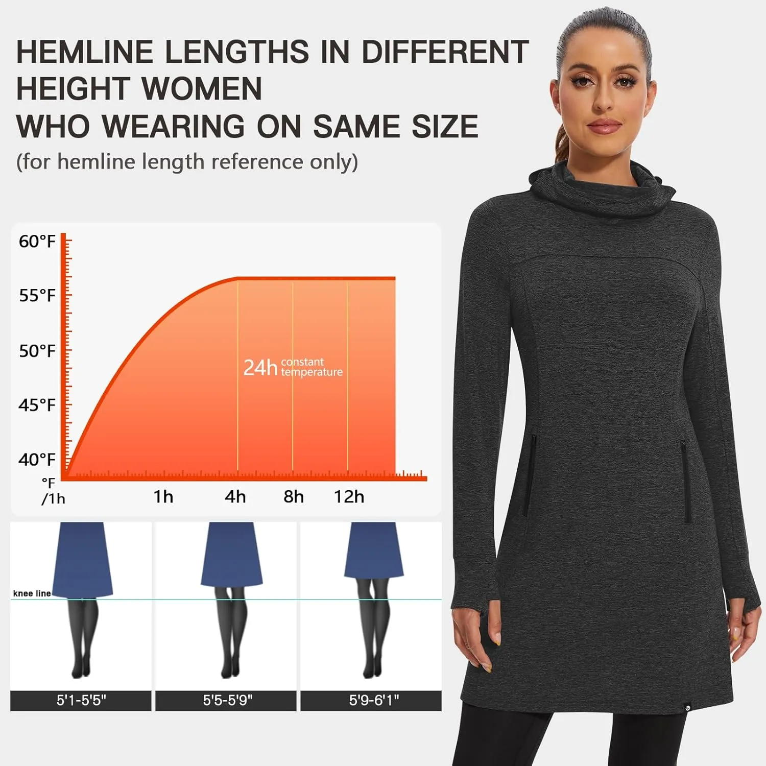 Soneven Women's Fleece Dress Running Thermal Sweatshirts Dresses Winter Skiing Athletic Pullover with Thumb Holes and Pockets