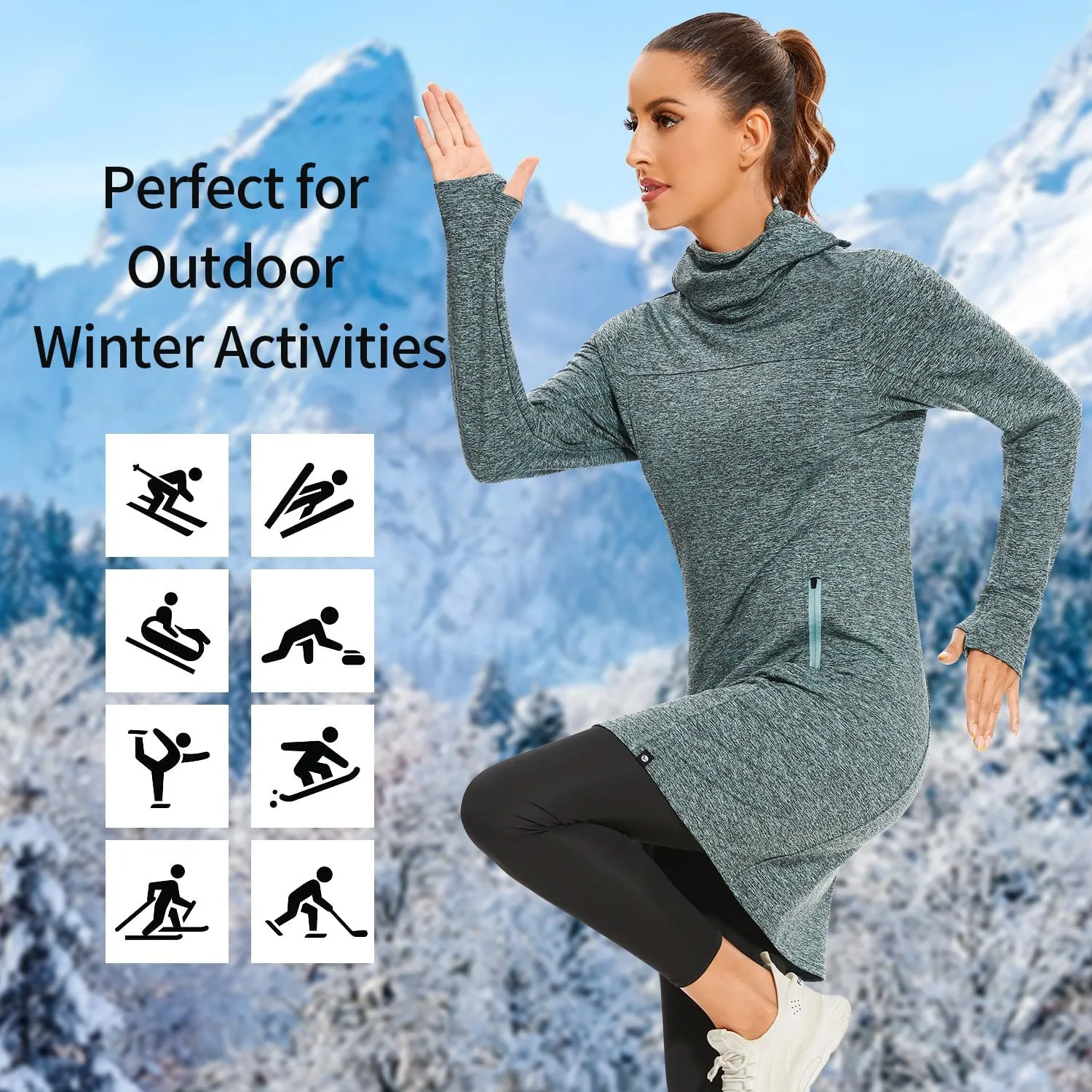 Soneven Women's Fleece Dress Running Thermal Sweatshirts Dresses Winter Skiing Athletic Pullover with Thumb Holes and Pockets