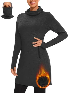 Soneven Women's Fleece Dress Running Thermal Sweatshirts Dresses Winter Skiing Athletic Pullover with Thumb Holes and Pockets