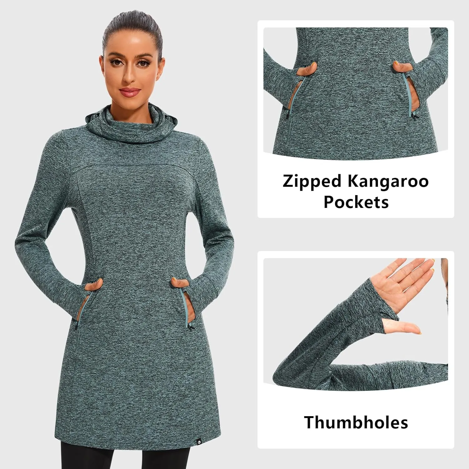 Soneven Women's Fleece Dress Running Thermal Sweatshirts Dresses Winter Skiing Athletic Pullover with Thumb Holes and Pockets