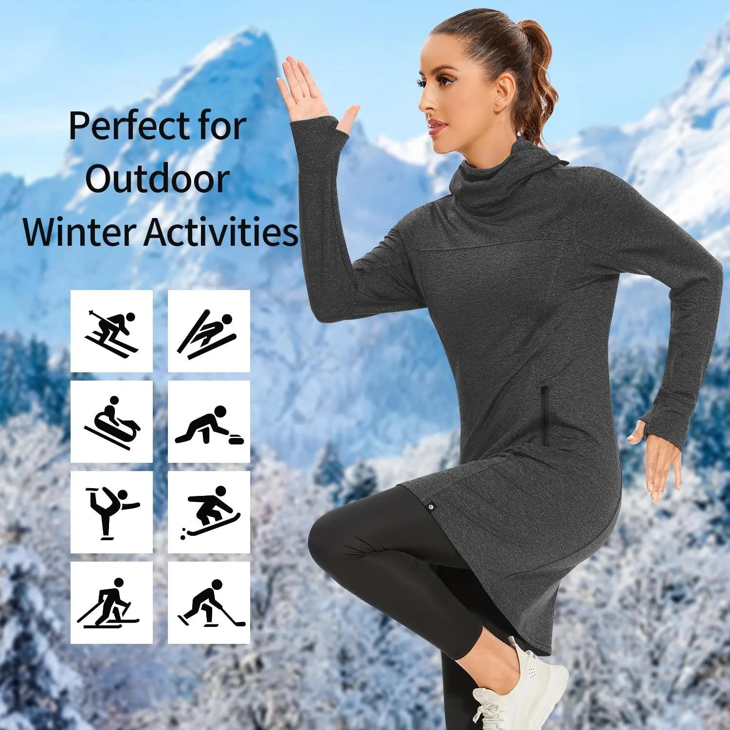 Soneven Women's Fleece Dress Running Thermal Sweatshirts Dresses Winter Skiing Athletic Pullover with Thumb Holes and Pockets