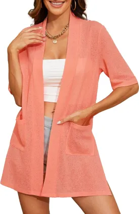 Spicy Sandia Women's Short Sleeve Sheer Summer Cardigans Lightweight Open Front Duster with Pockets