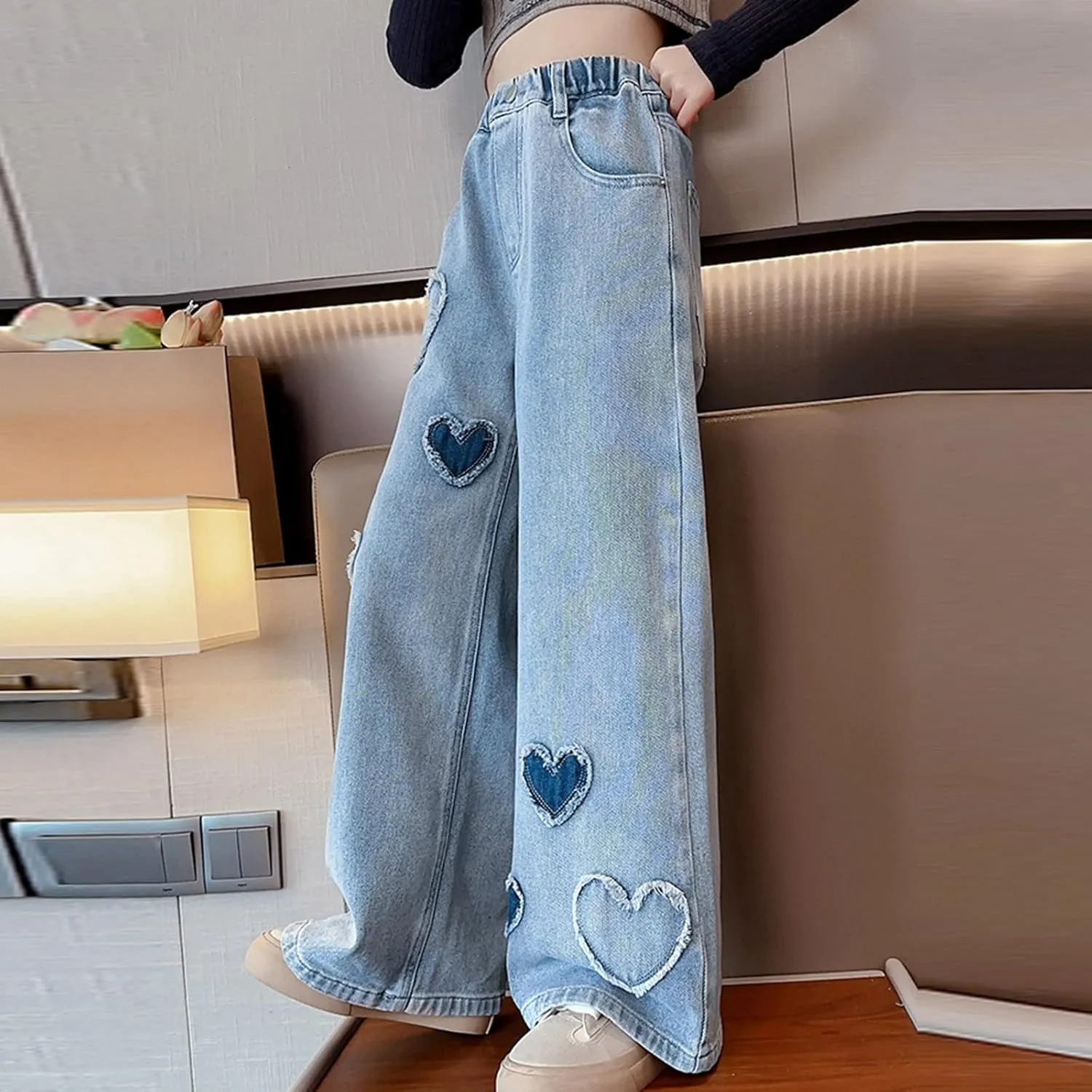 Teen Girls Wide Leg Jeans Baggy Heart Embroidery Elastic High Waist Denim Pants Vintage Y2k Streetwear Aesthetic Teen Clothes