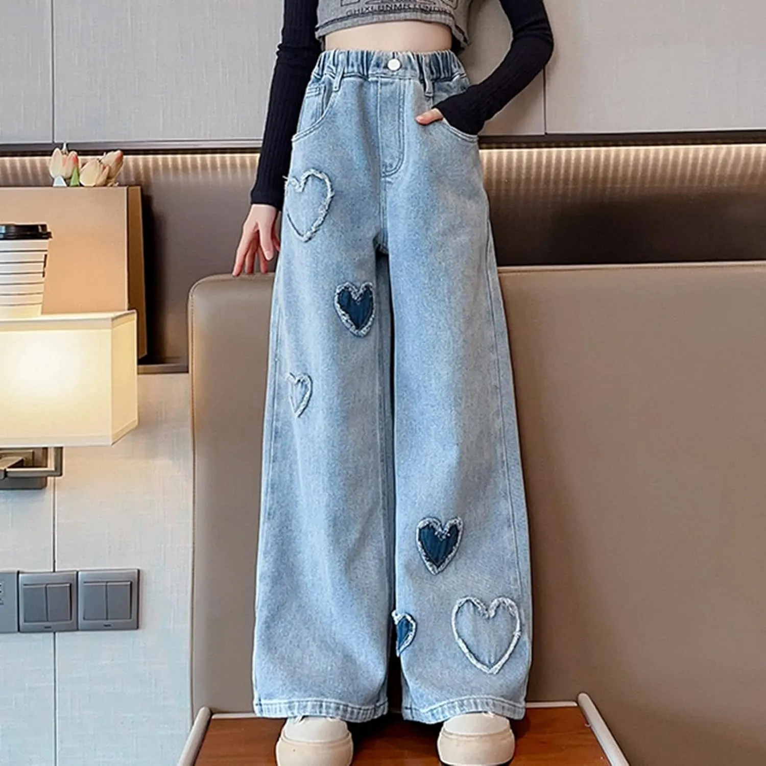 Teen Girls Wide Leg Jeans Baggy Heart Embroidery Elastic High Waist Denim Pants Vintage Y2k Streetwear Aesthetic Teen Clothes