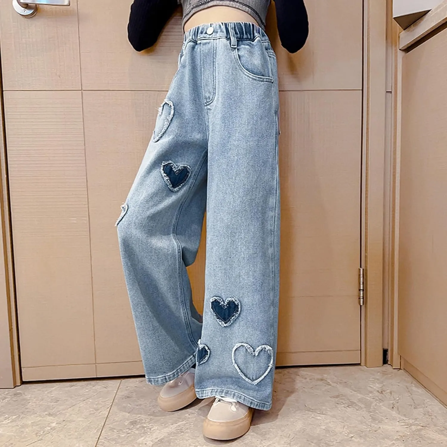 Teen Girls Wide Leg Jeans Baggy Heart Embroidery Elastic High Waist Denim Pants Vintage Y2k Streetwear Aesthetic Teen Clothes