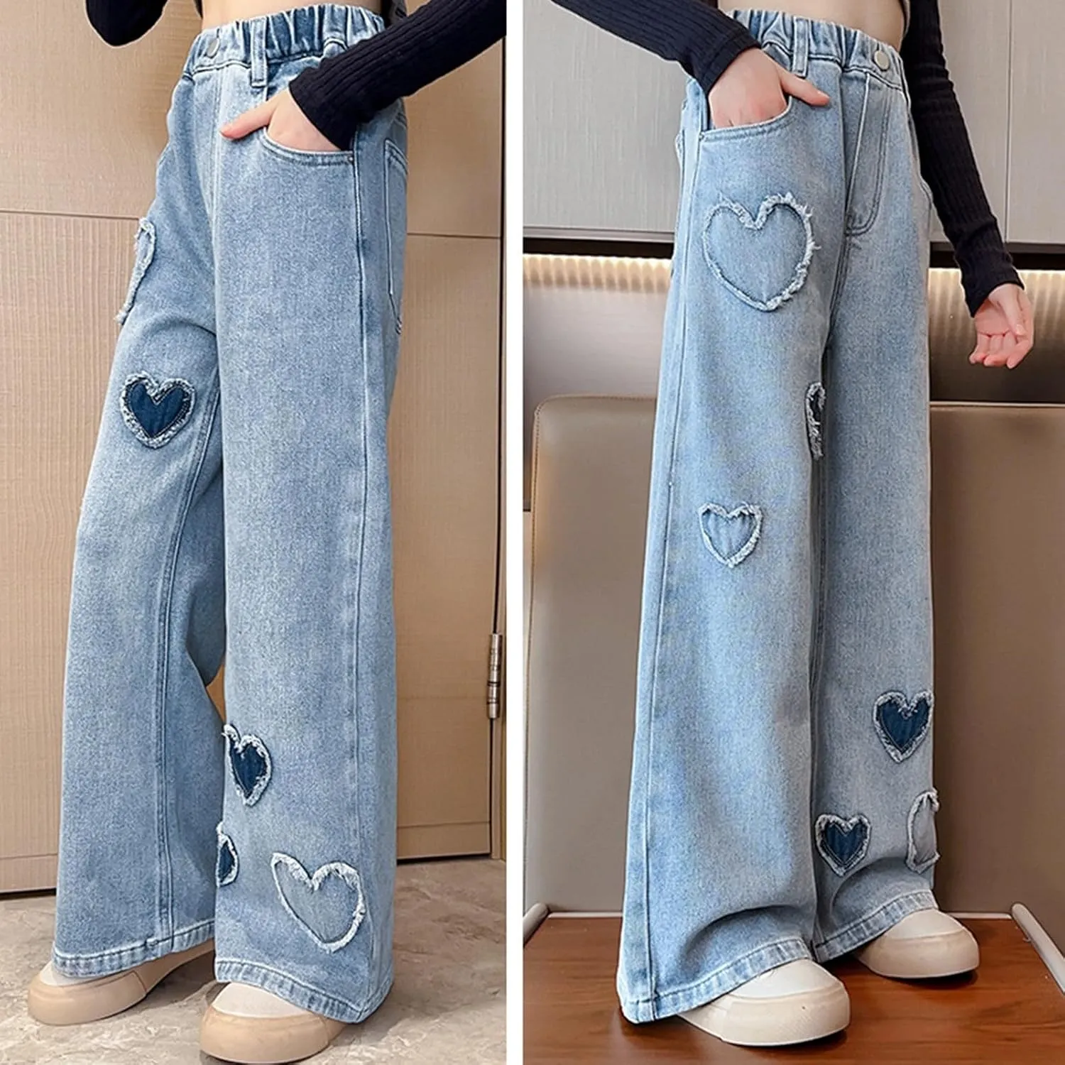 Teen Girls Wide Leg Jeans Baggy Heart Embroidery Elastic High Waist Denim Pants Vintage Y2k Streetwear Aesthetic Teen Clothes
