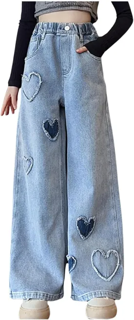 Teen Girls Wide Leg Jeans Baggy Heart Embroidery Elastic High Waist Denim Pants Vintage Y2k Streetwear Aesthetic Teen Clothes
