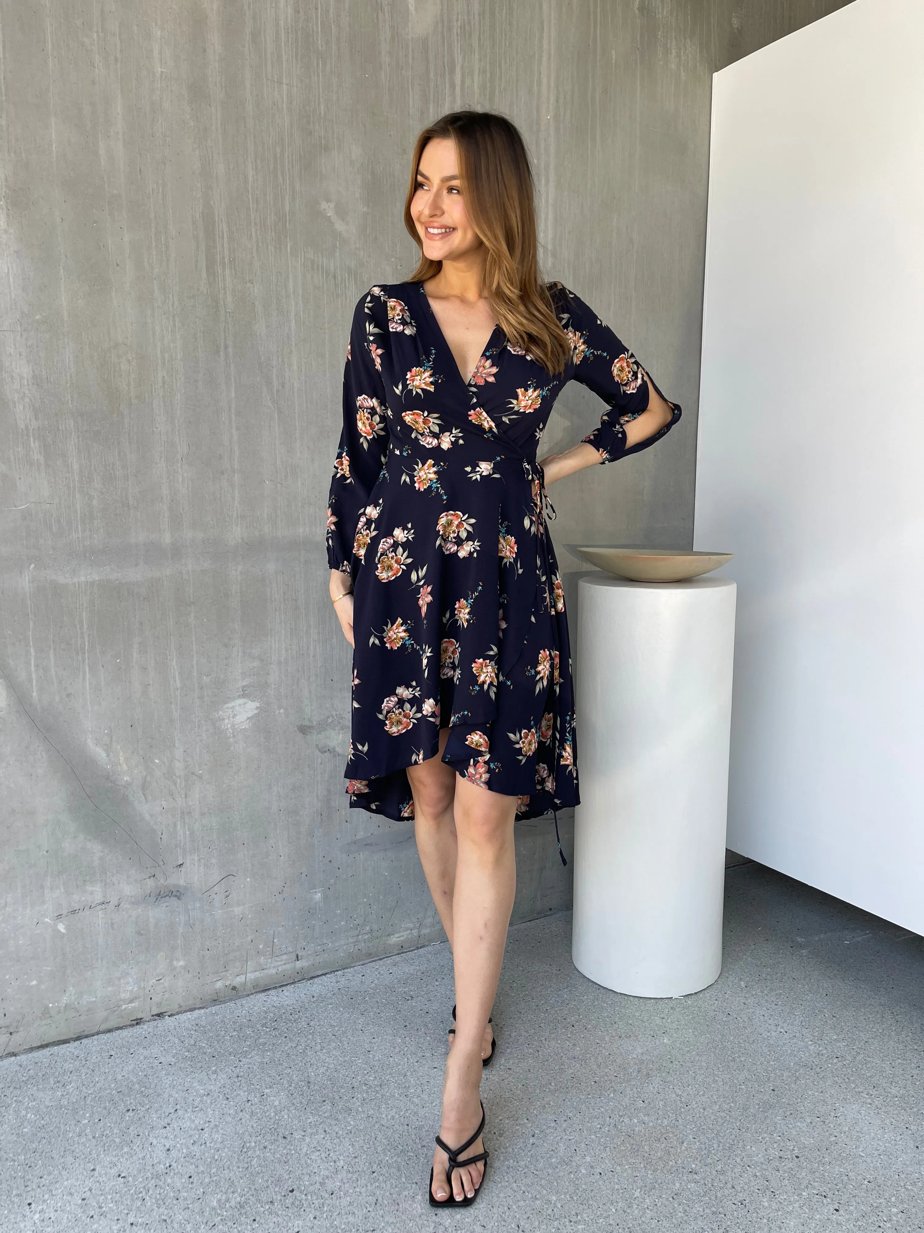 Tink Cross Over Long Sleeve Navy Print Dress