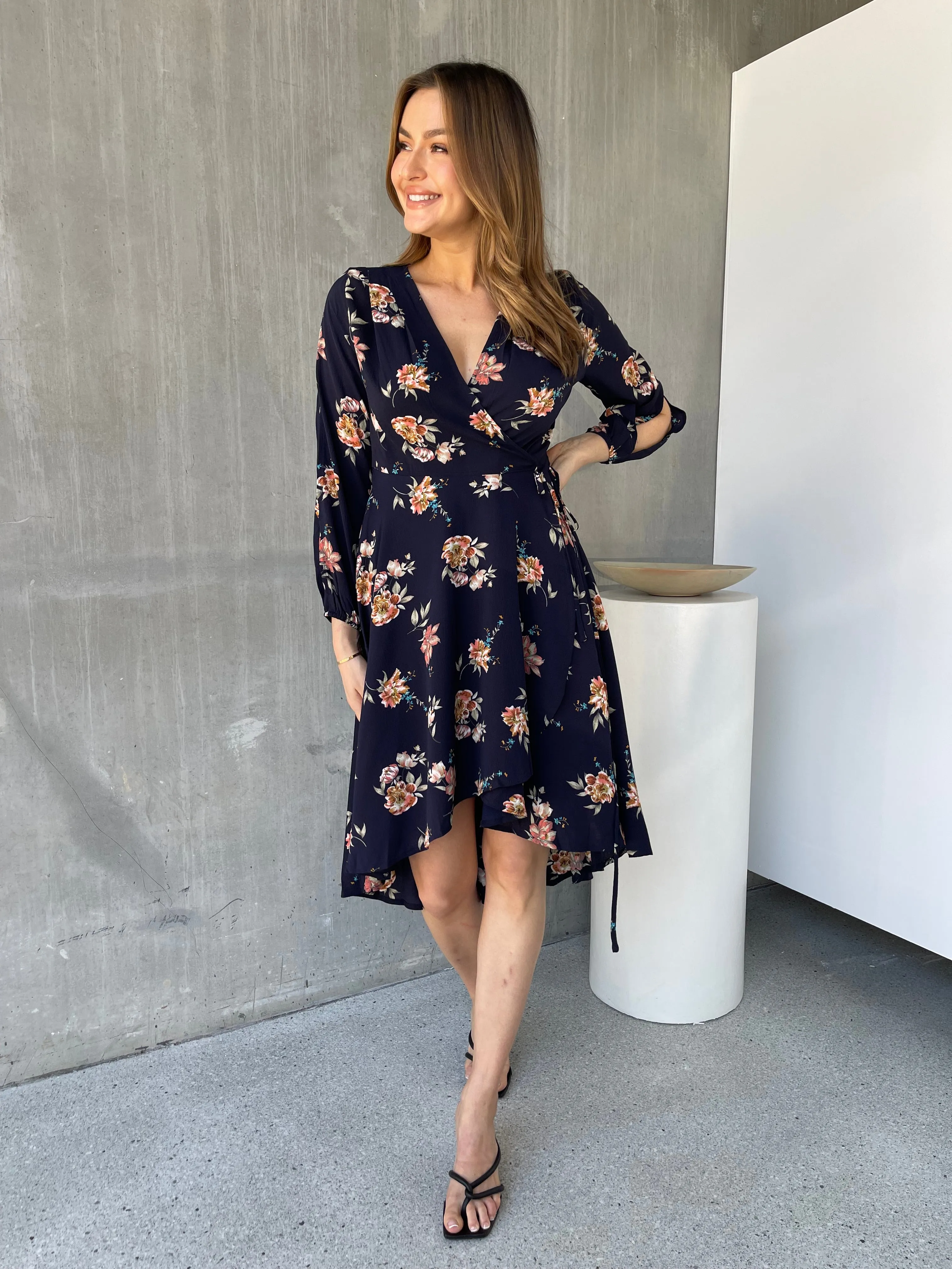 Tink Cross Over Long Sleeve Navy Print Dress