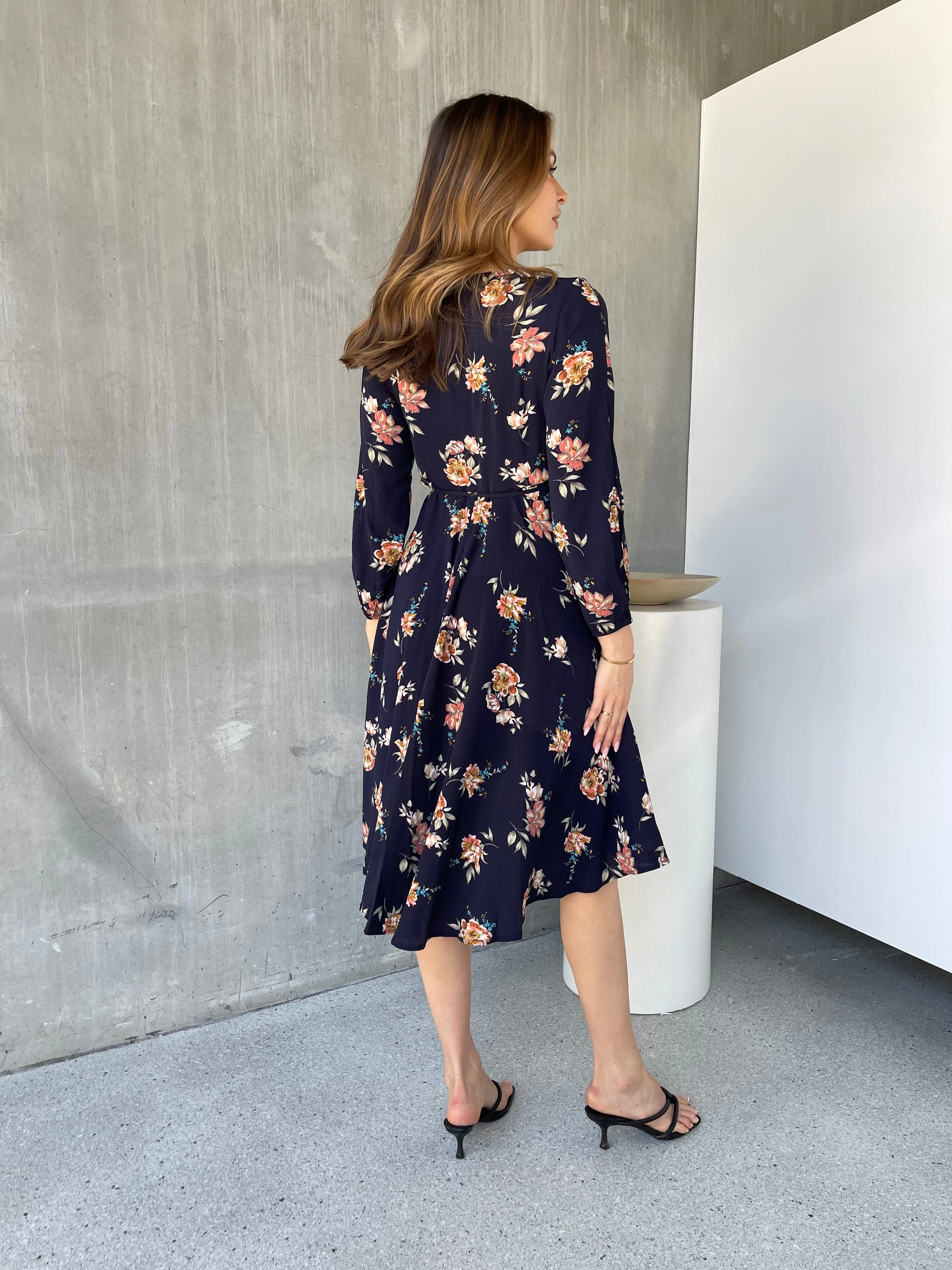 Tink Cross Over Long Sleeve Navy Print Dress