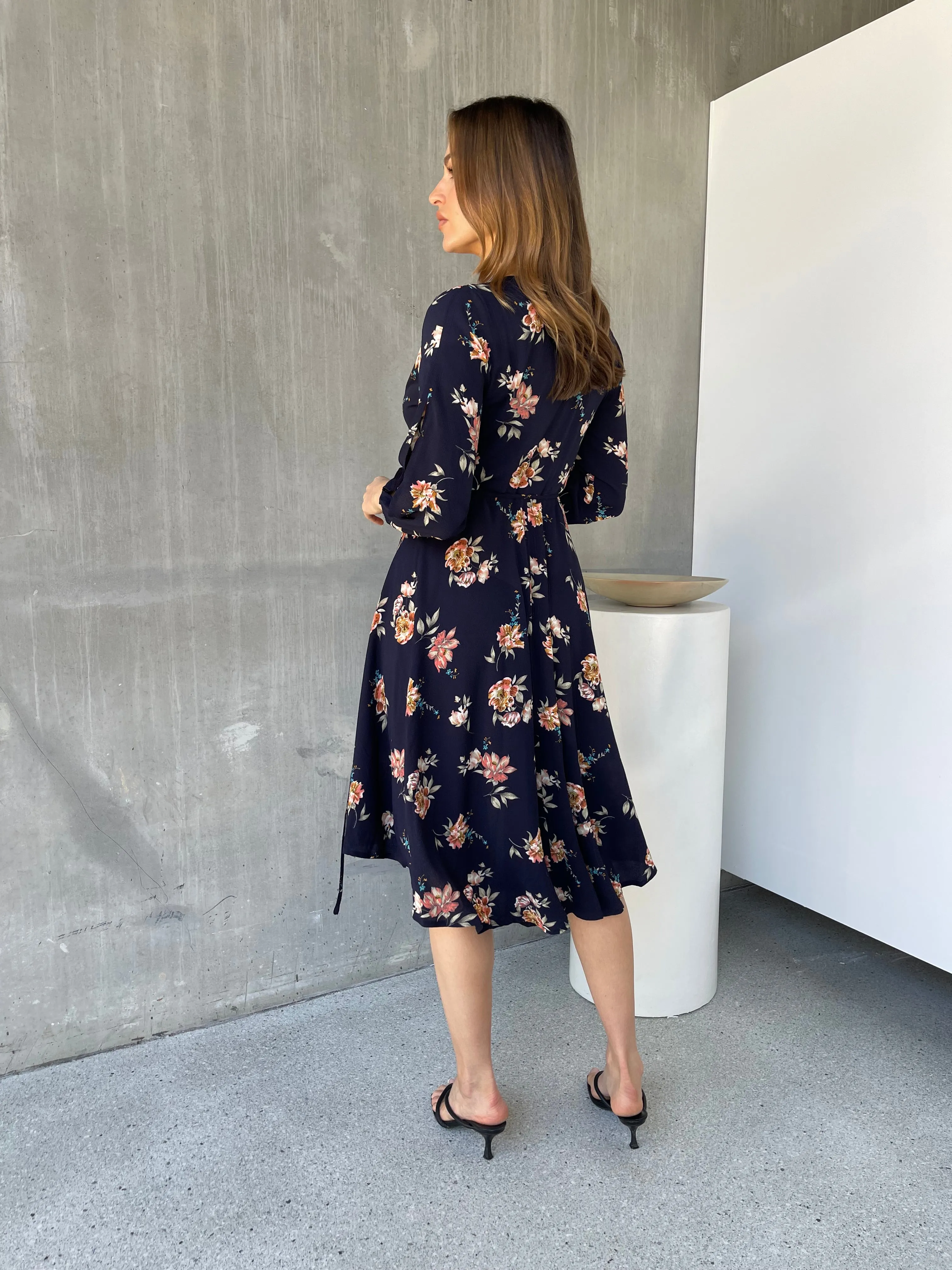 Tink Cross Over Long Sleeve Navy Print Dress