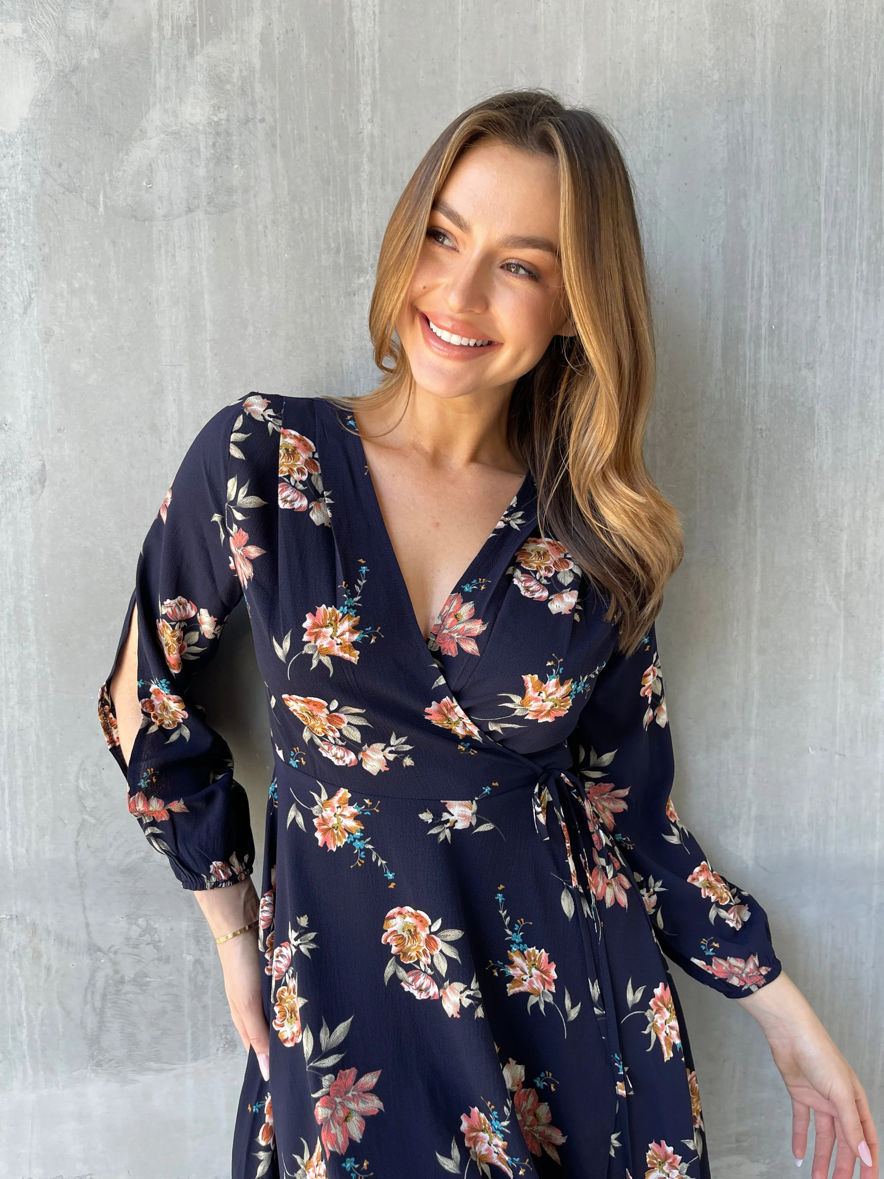 Tink Cross Over Long Sleeve Navy Print Dress