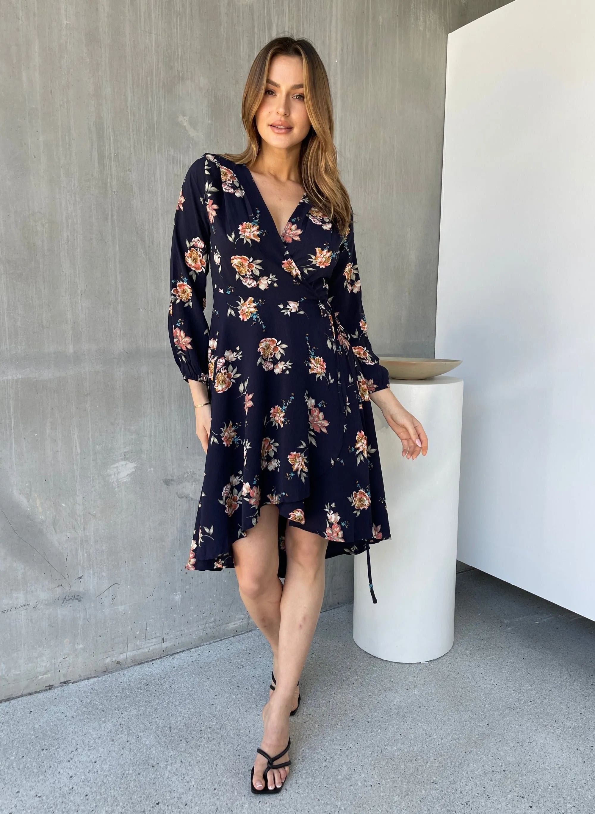 Tink Cross Over Long Sleeve Navy Print Dress