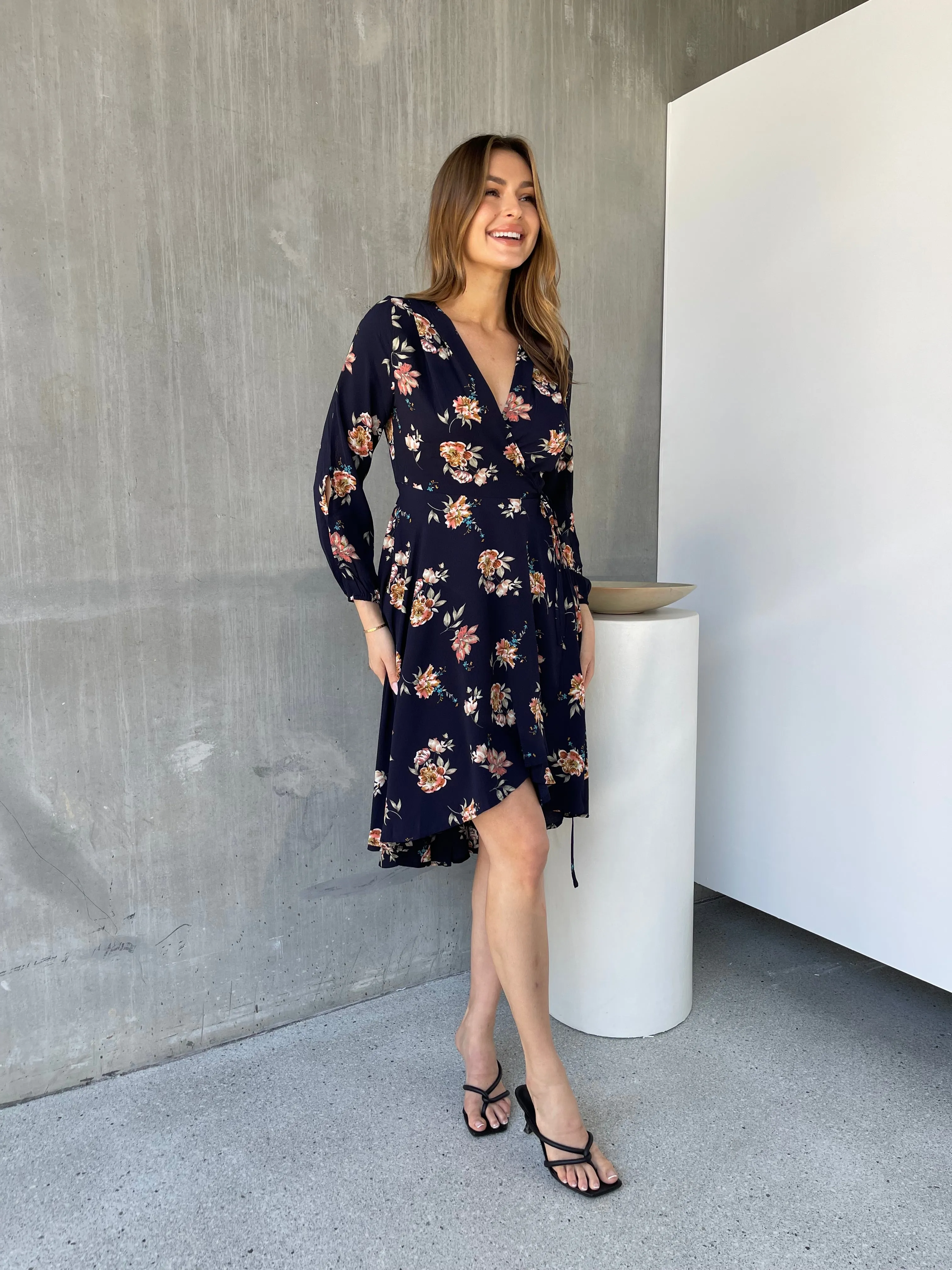 Tink Cross Over Long Sleeve Navy Print Dress