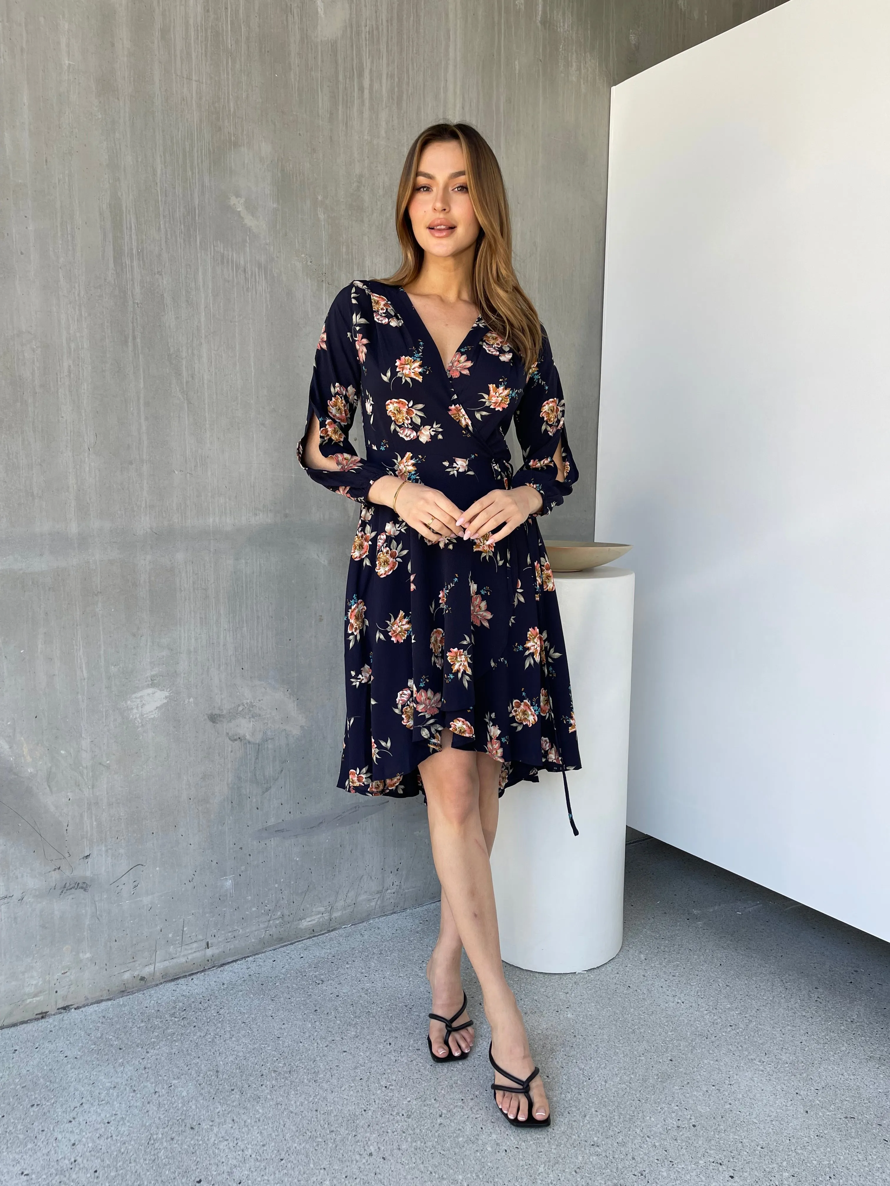 Tink Cross Over Long Sleeve Navy Print Dress
