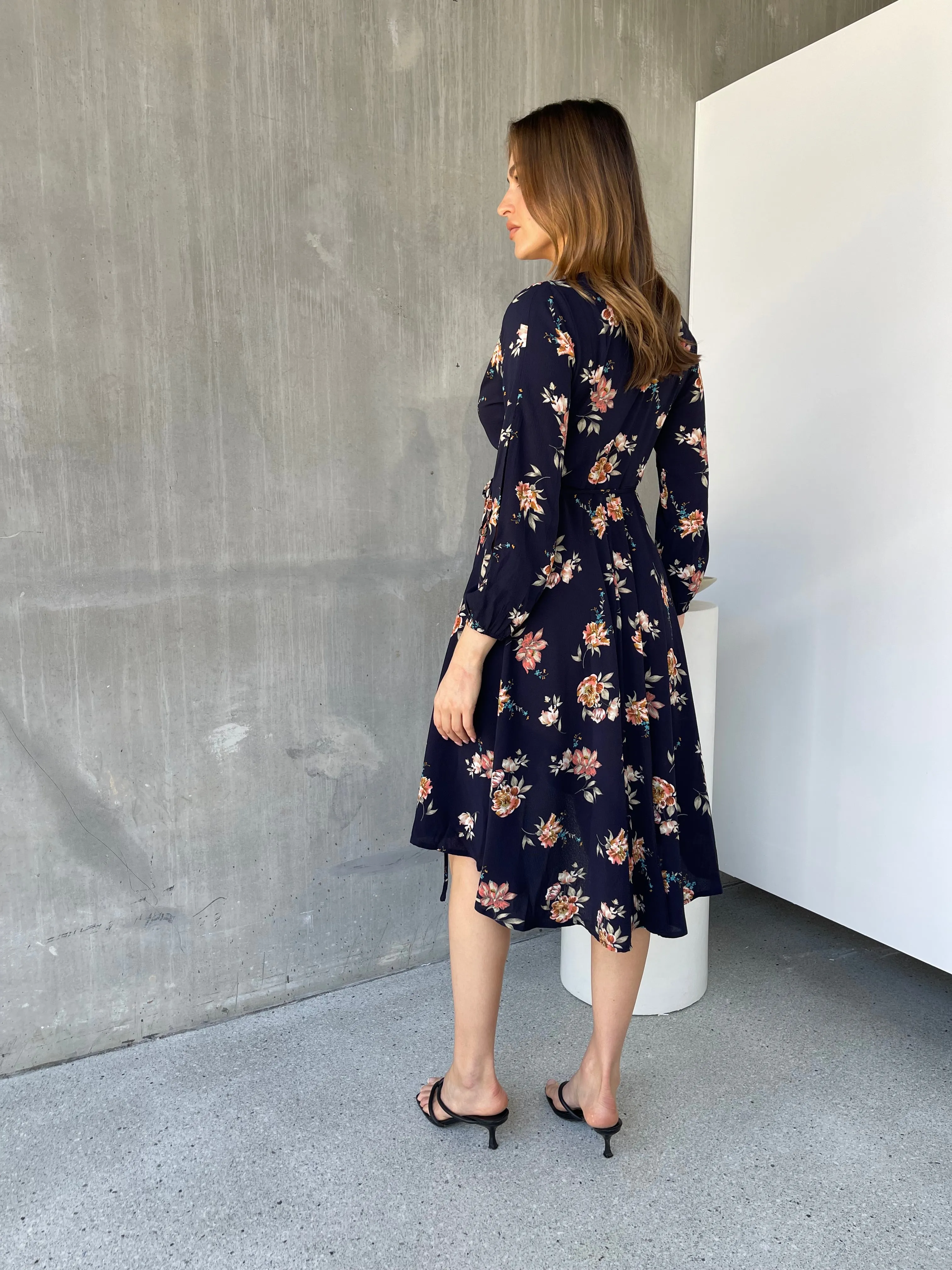 Tink Cross Over Long Sleeve Navy Print Dress