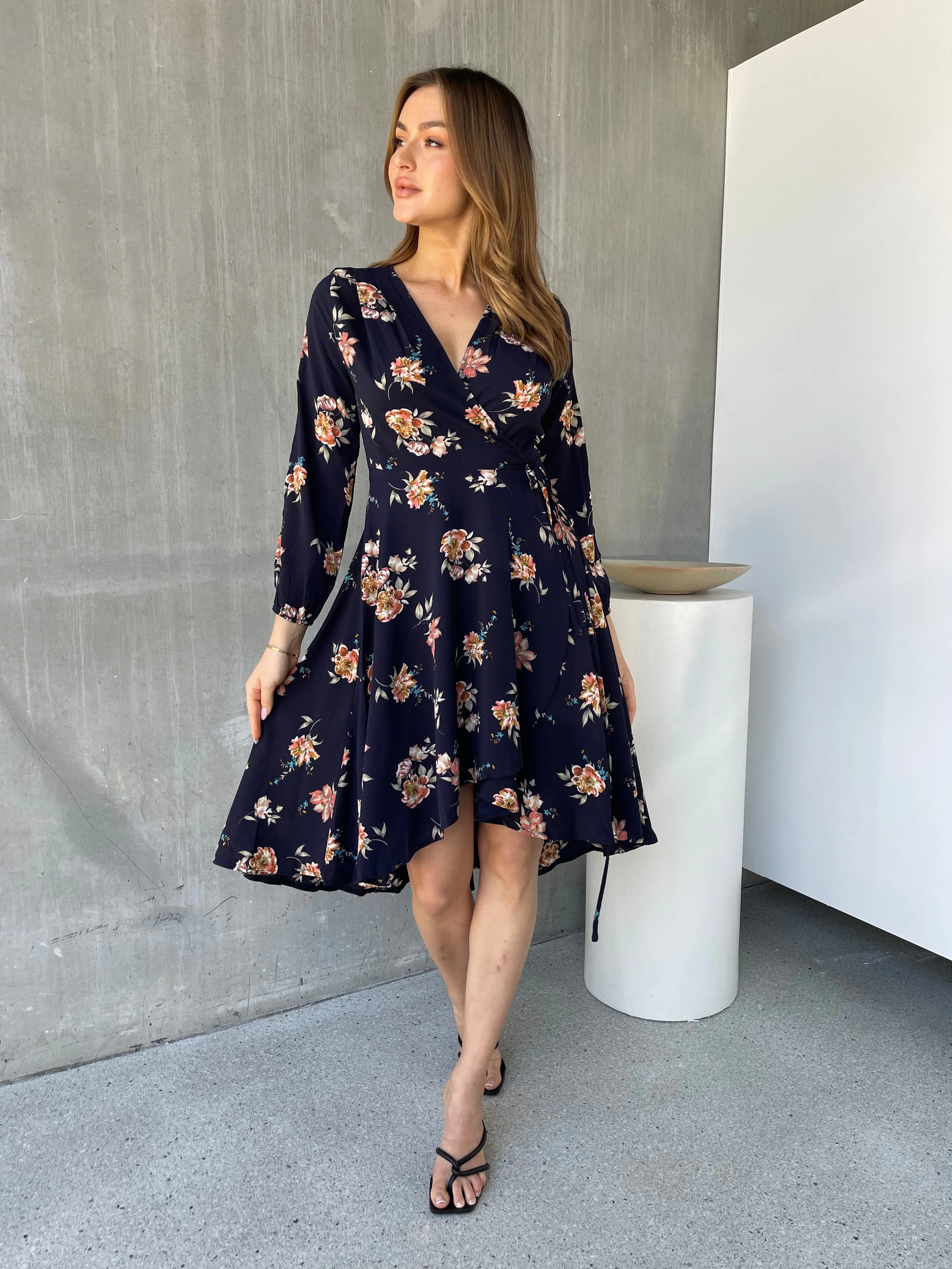 Tink Cross Over Long Sleeve Navy Print Dress