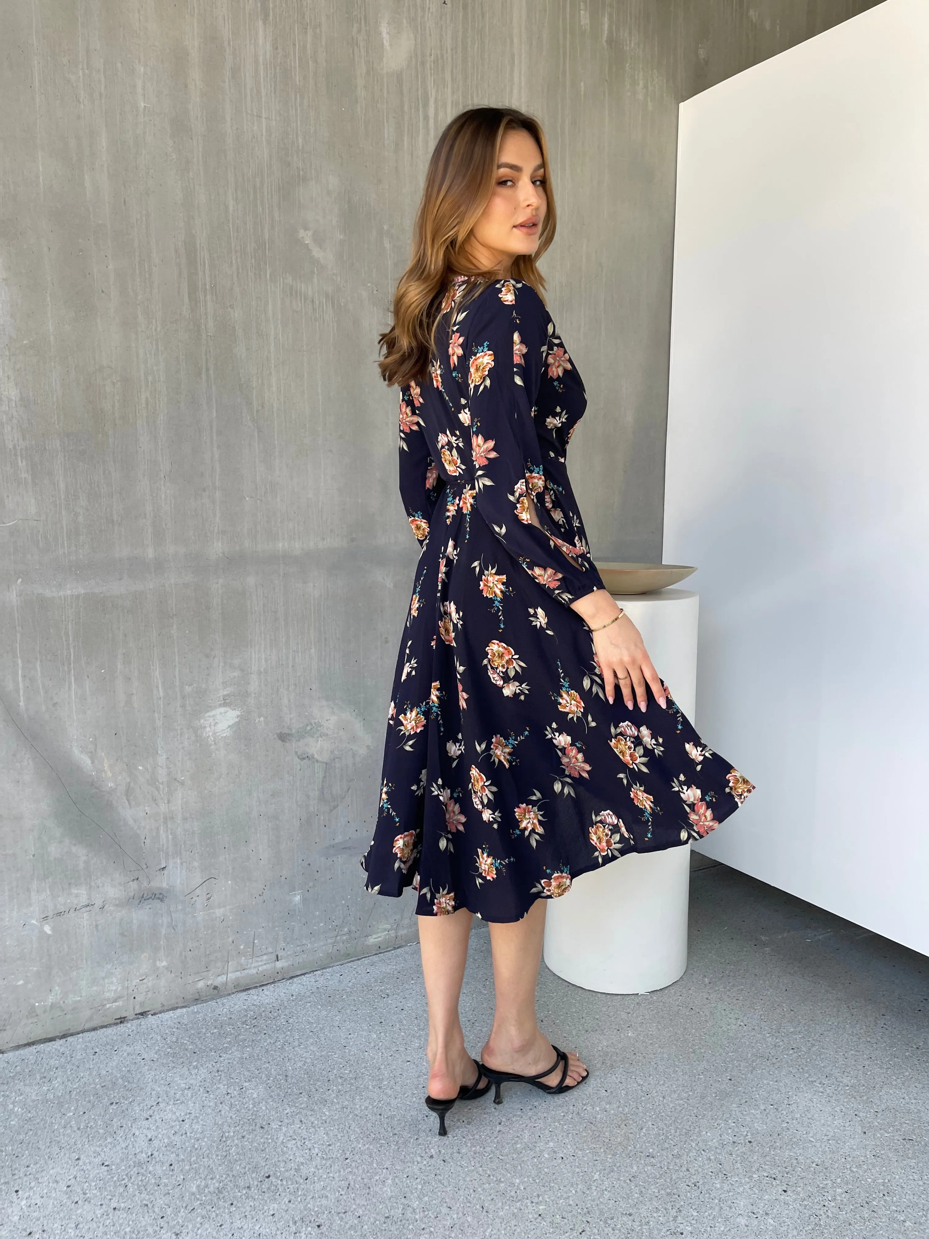 Tink Cross Over Long Sleeve Navy Print Dress