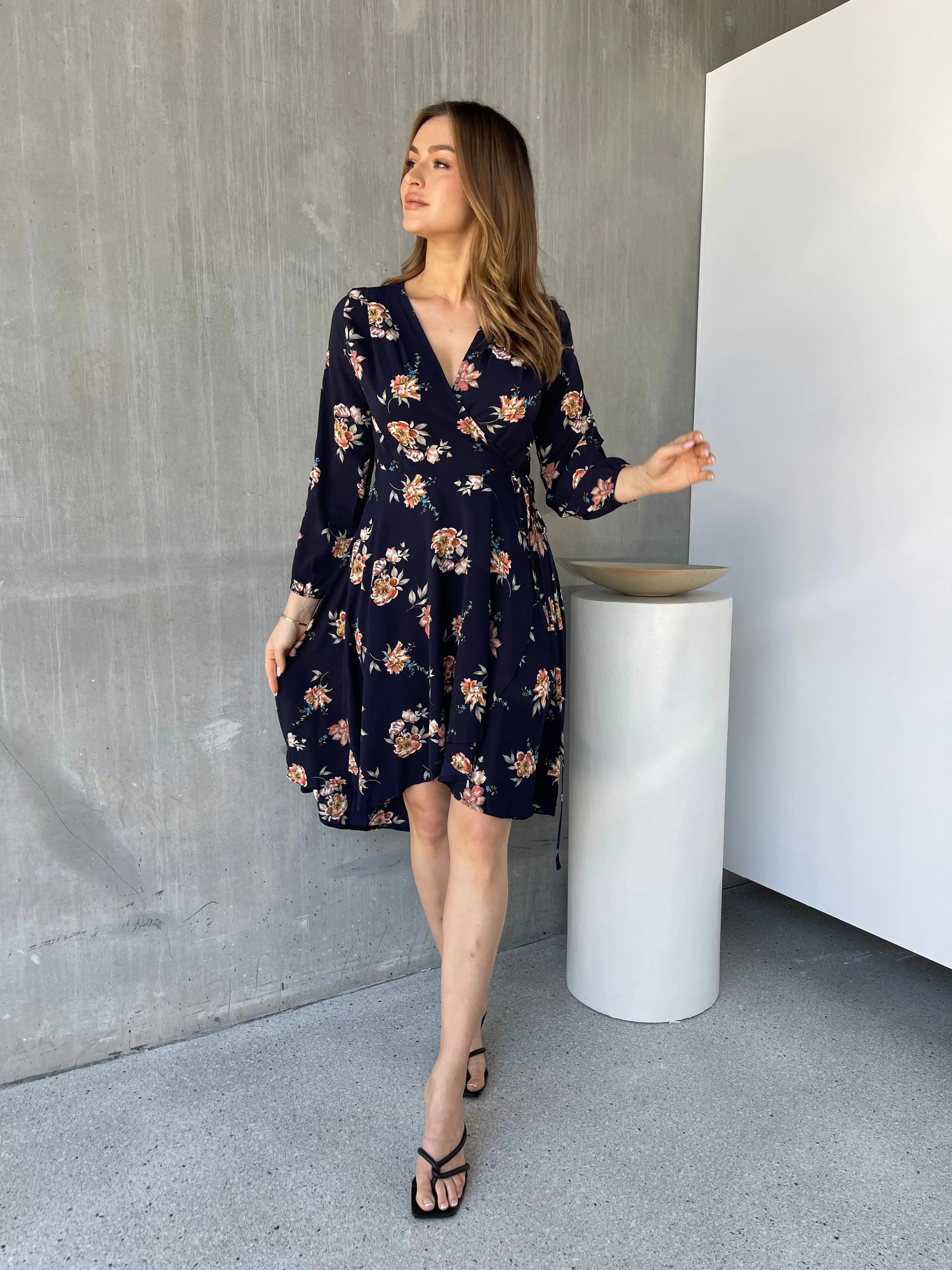 Tink Cross Over Long Sleeve Navy Print Dress