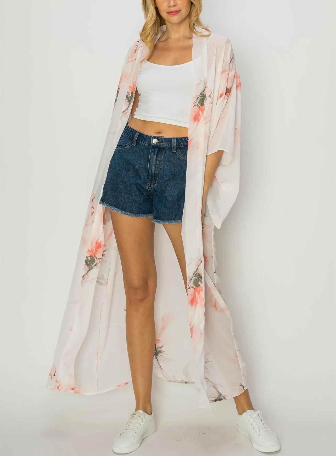 Watercolor Coral Long Duster Kimono