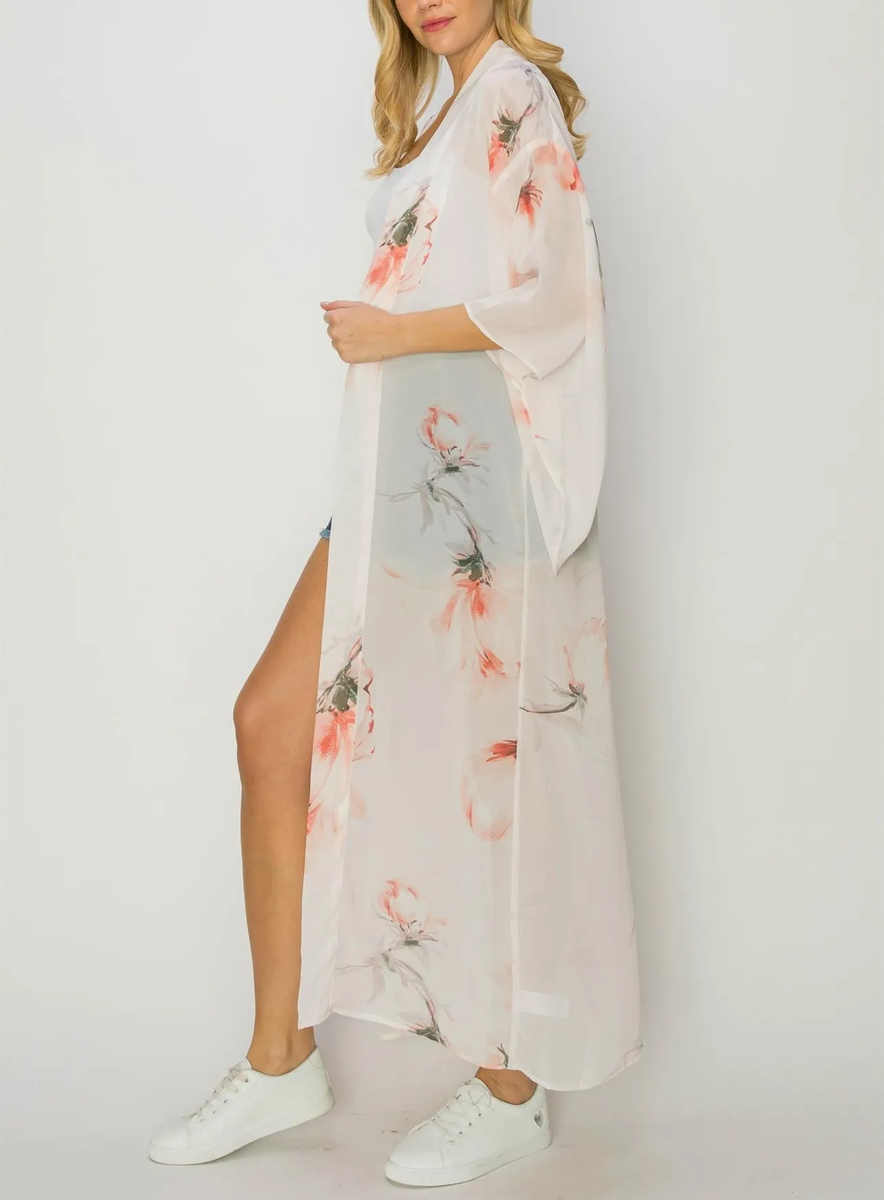 Watercolor Coral Long Duster Kimono