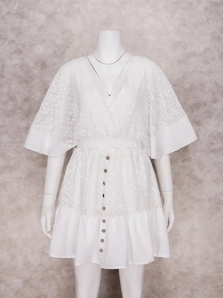 White Lace Deep V Neck Ruffles Mini Dress