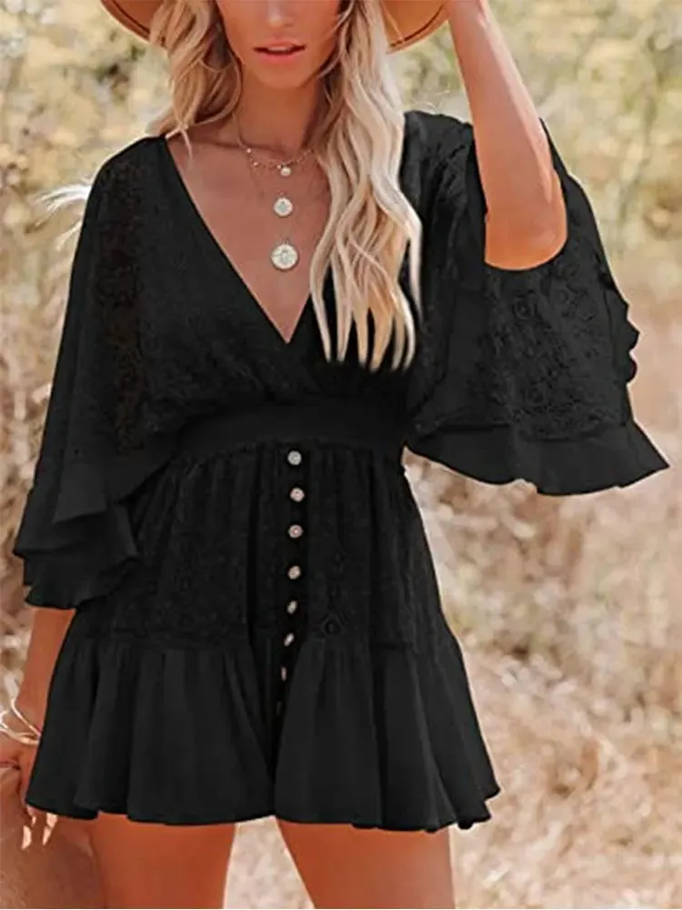 White Lace Deep V Neck Ruffles Mini Dress