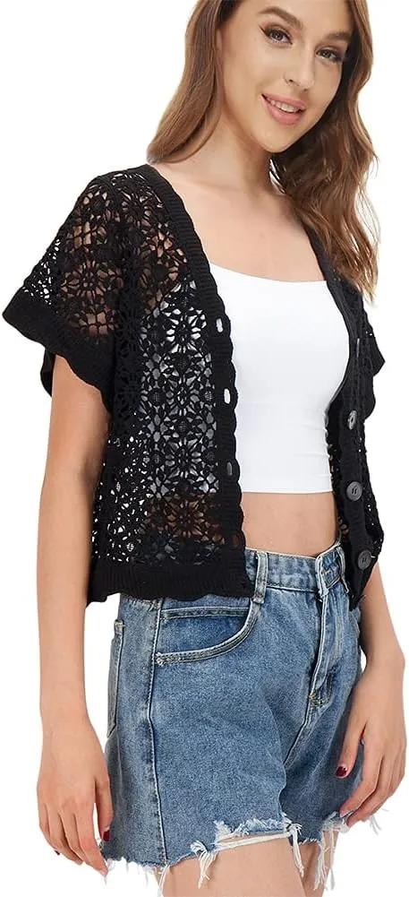 Women Cardigan Hollow Out Floral Cardigans White Crochet Shrugs