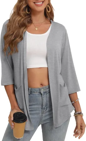 Women's 3/4 Sleeve Open Front Cardigan Casual Loose Lightweight Cardigans with Pockets