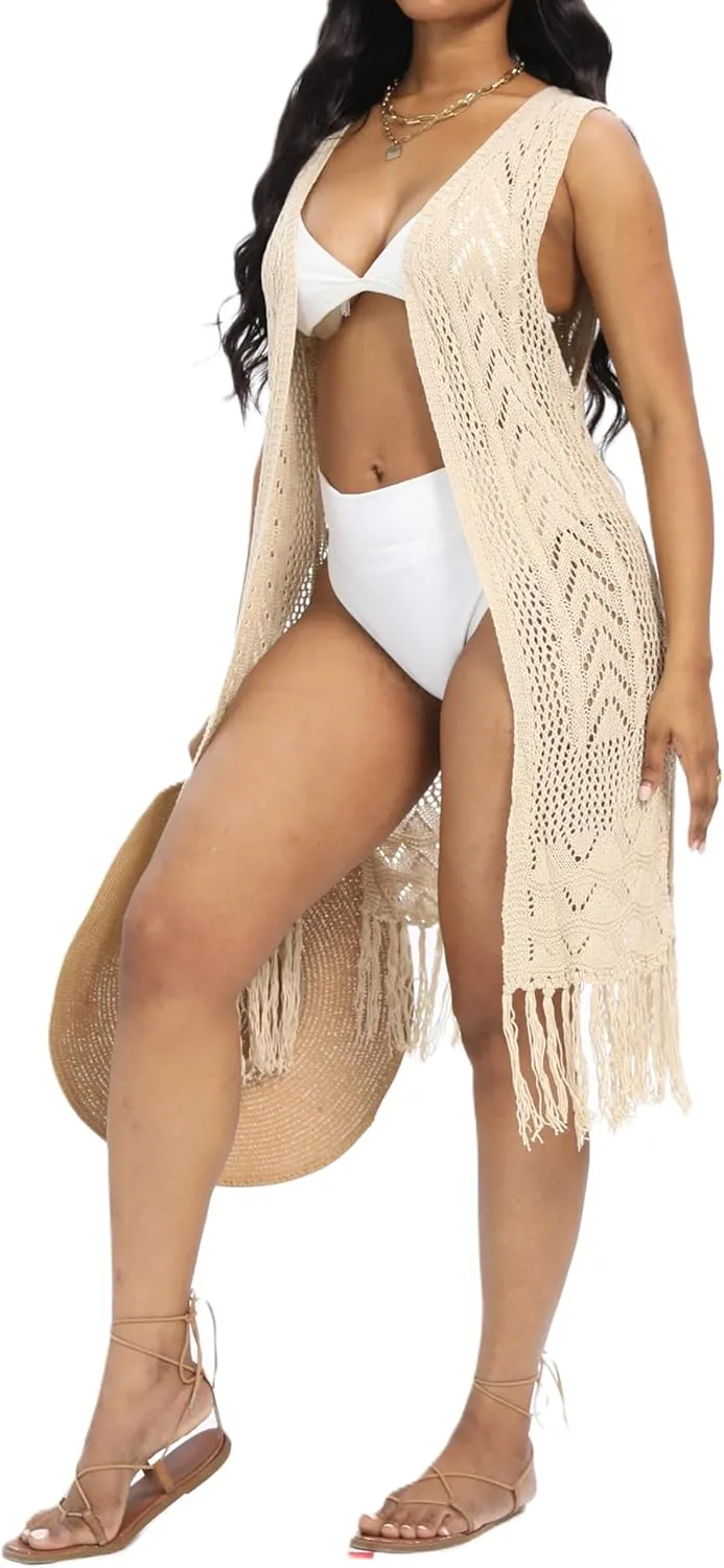 Women's Boho Open Front Crochet Cardigans Tassels Duster Beach Outwear