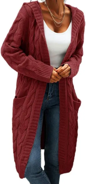 Women's Cable Knit Long Sleeve Sweater Cardigan Open Front Long Cardigans Pocket Hooded Casual Outwear