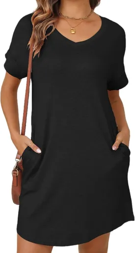 YEXIPO Womens Summer Dresses 2025 Short Sleeve V Neck Loose Casual Solid Color Tshirt Dress with Pockets